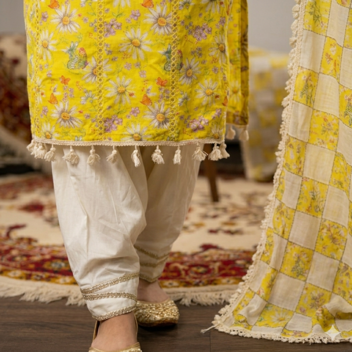 Yellow Daisy Butterfly Salwar Suit - Punjabi Threads product image 2