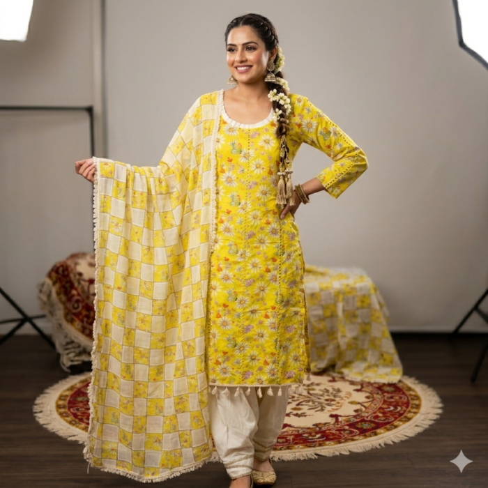 Yellow Daisy Butterfly Salwar Suit - Punjabi Threads product image 3