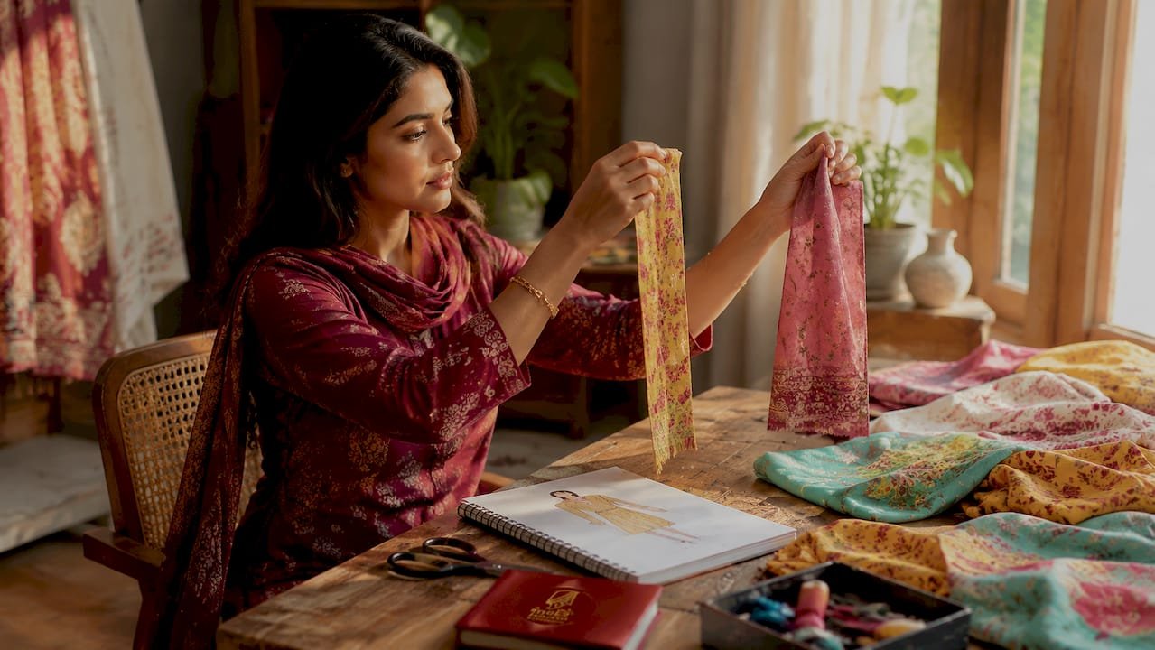 Woman mixing modern printed fabrics for Punjabi suits
