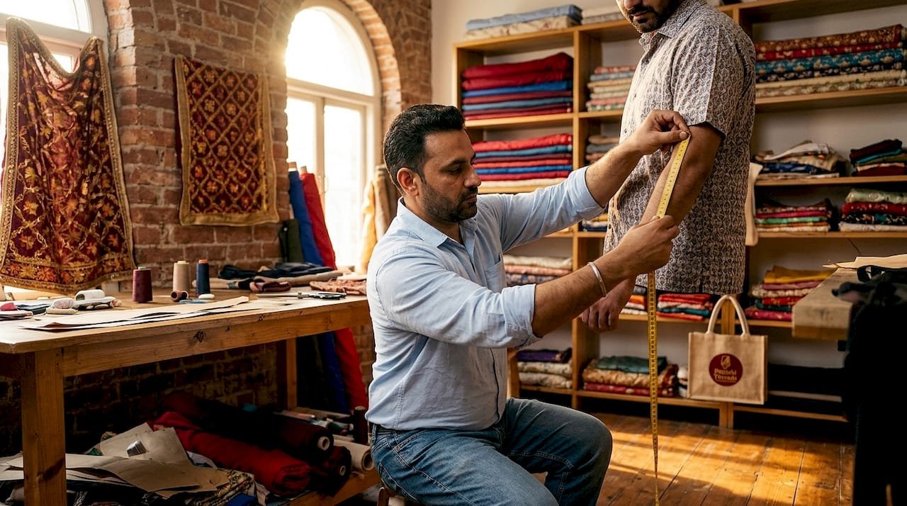 Tailor measuring arm in fabric-filled workshop