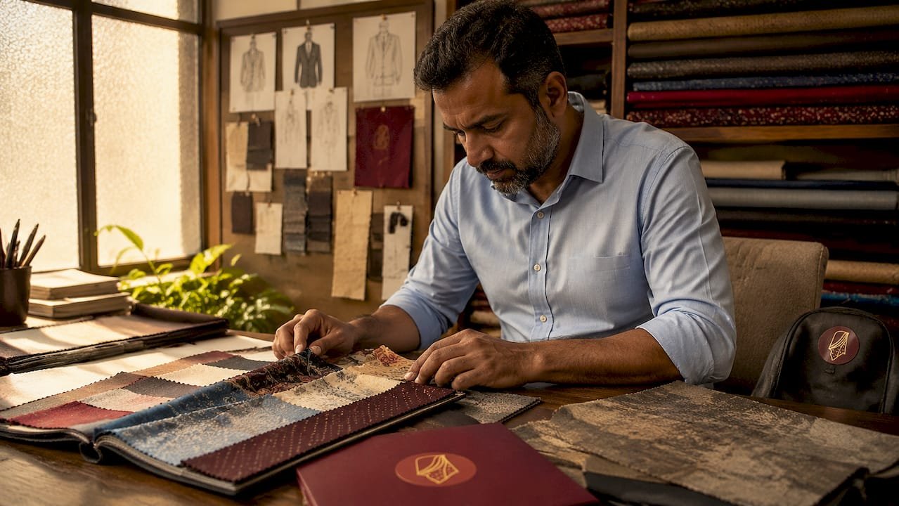 Tailor inspecting suit lining fabric swatches