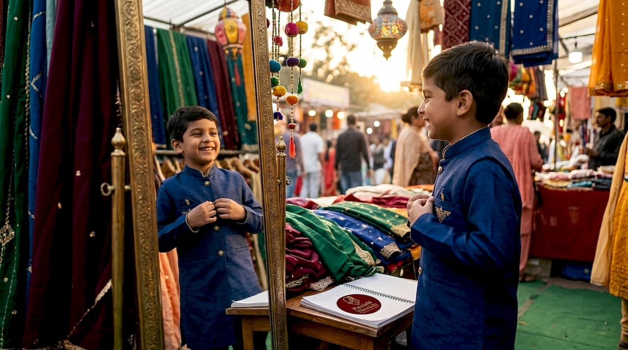 Boy trying cotton blend suit in store