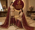 Elegant Maroon & Gold Embroidered Sharara Suit - Punjabi Threads product image 1