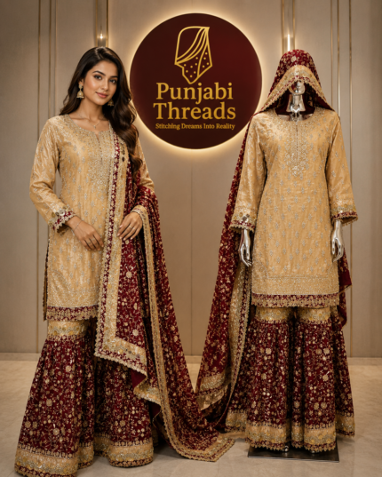 Elegant Maroon & Gold Embroidered Sharara Suit - Punjabi Threads product image 2