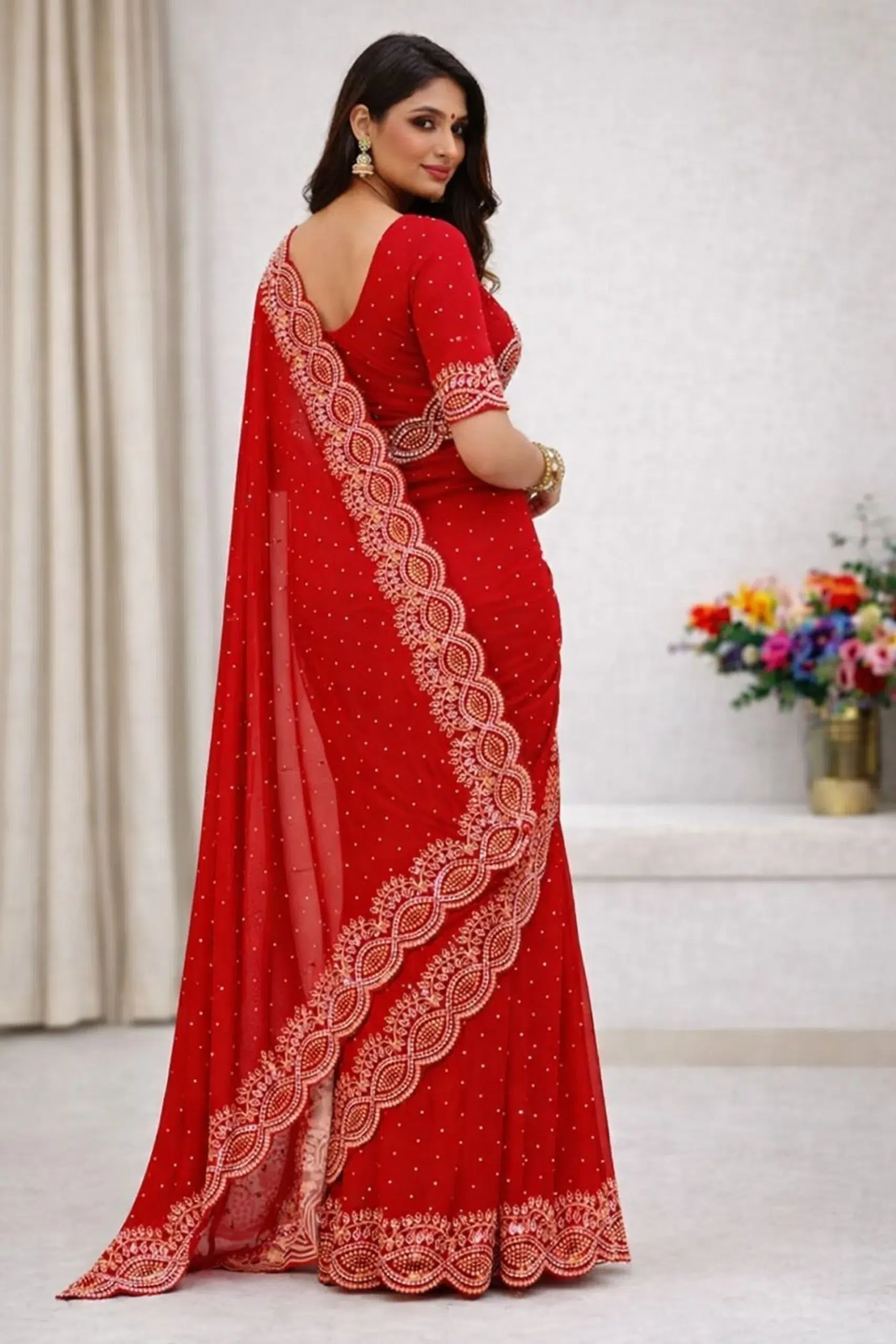 Red Bollywood Chiffon Saree image 1 Red Bollywood Chiffon Saree - Punjabi Threads product image 1