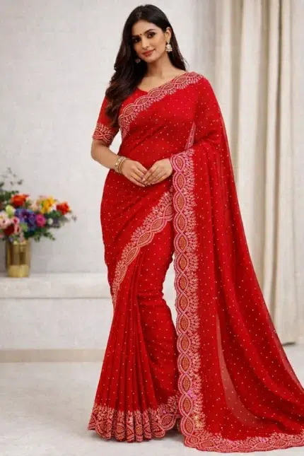 Red Bollywood Chiffon Saree - Punjabi Threads product image 2