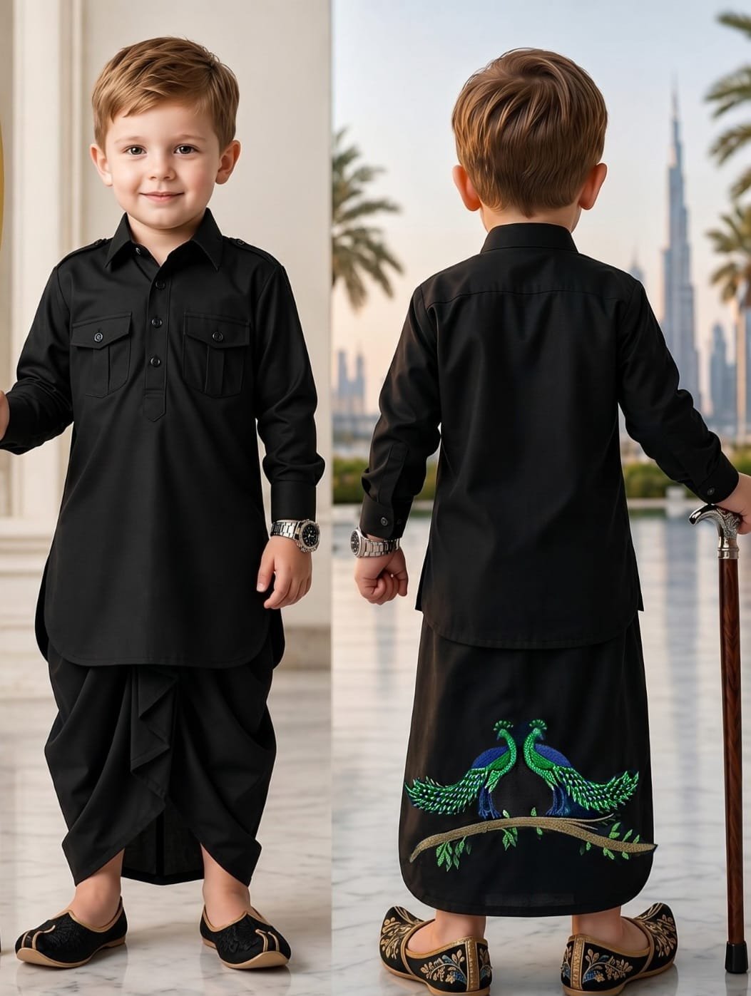 Kids Black Peacock Kurta Chadra image 1 Kids Black Peacock Kurta Chadra - Punjabi Threads product image 1