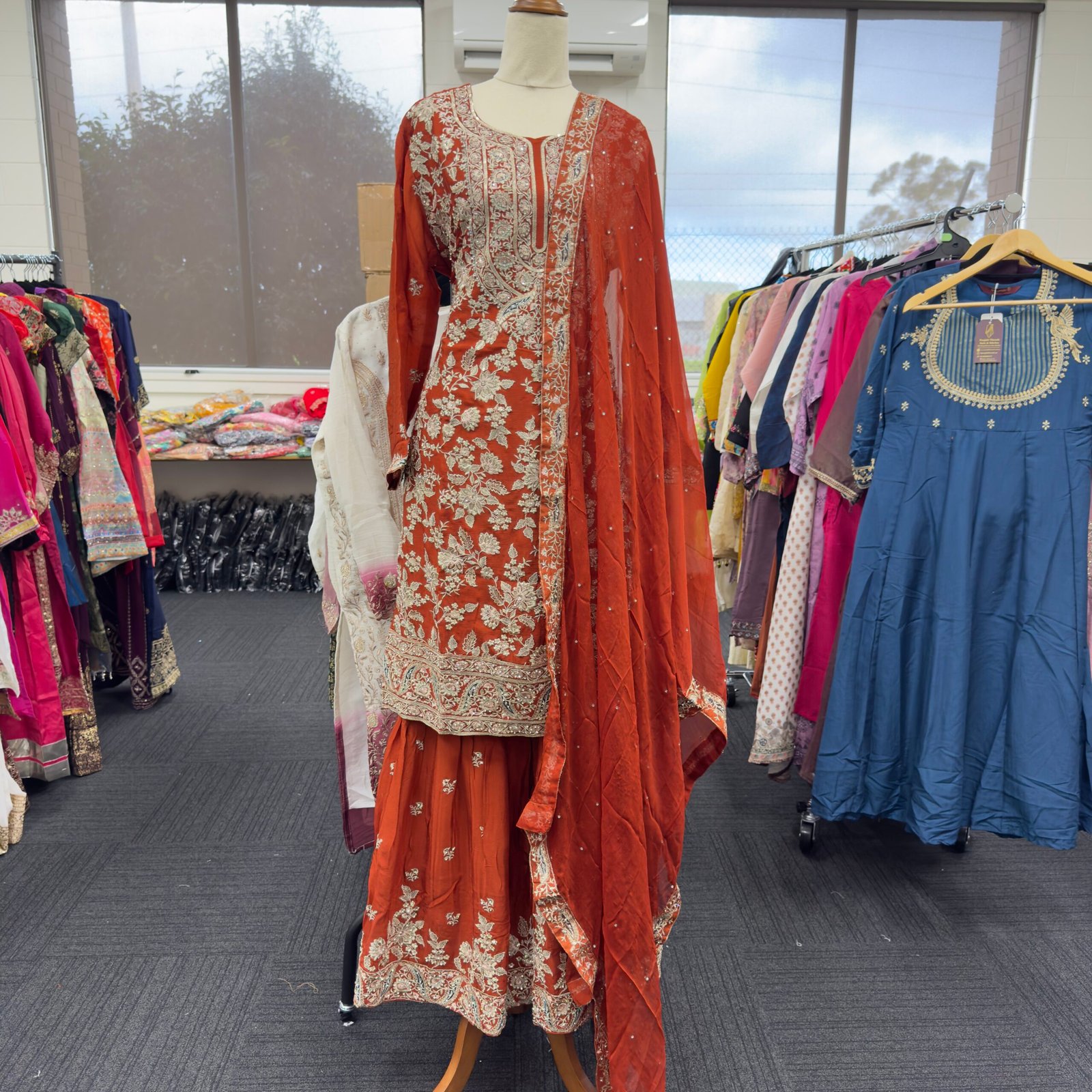 Rust Floral Embroidered Sharara Suit image 1 Rust Floral Embroidered Sharara Suit - Punjabi Threads product image 1