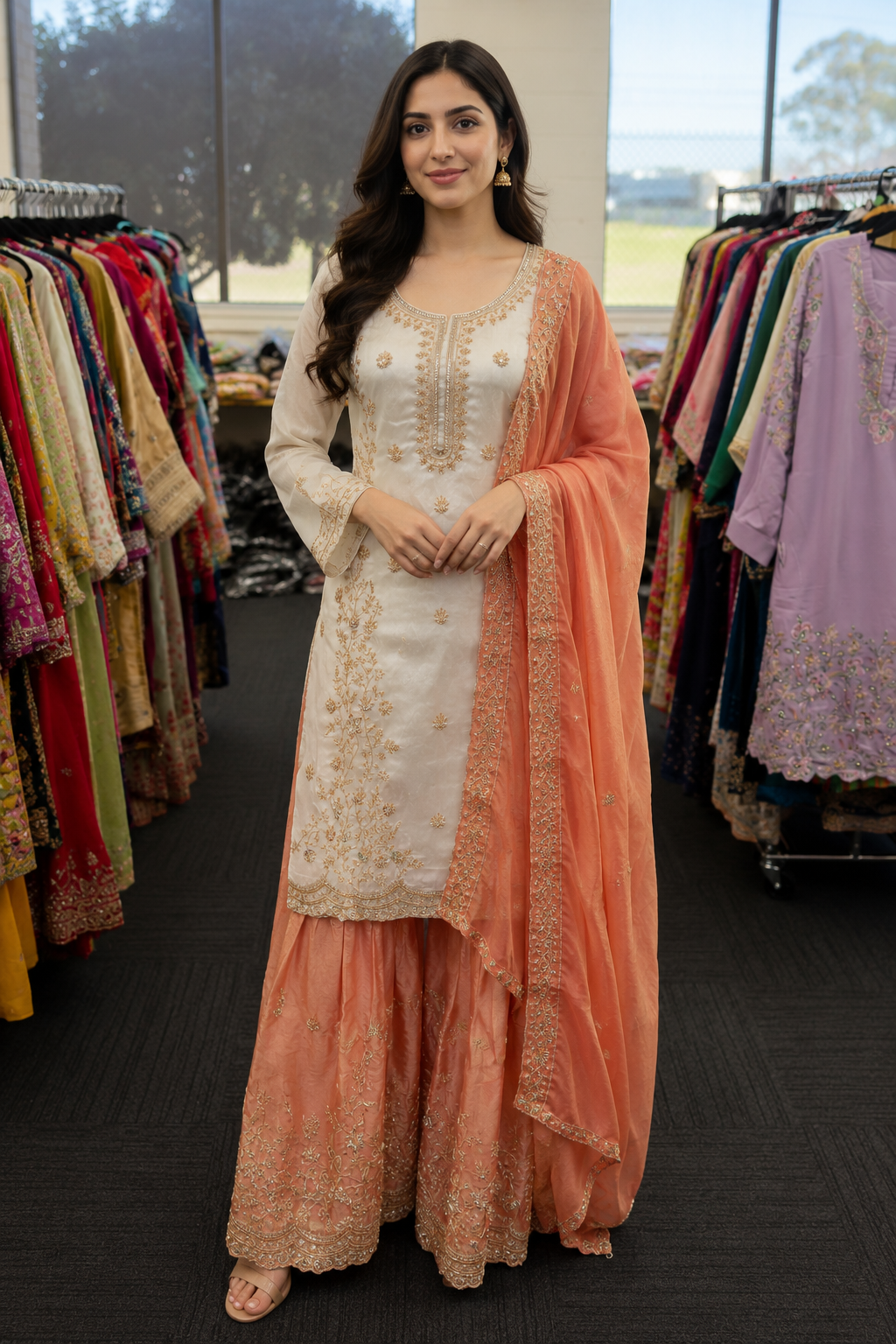 Ivory Peach Sharara Suit image 1 Ivory Peach Sharara Suit - Punjabi Threads product image 1