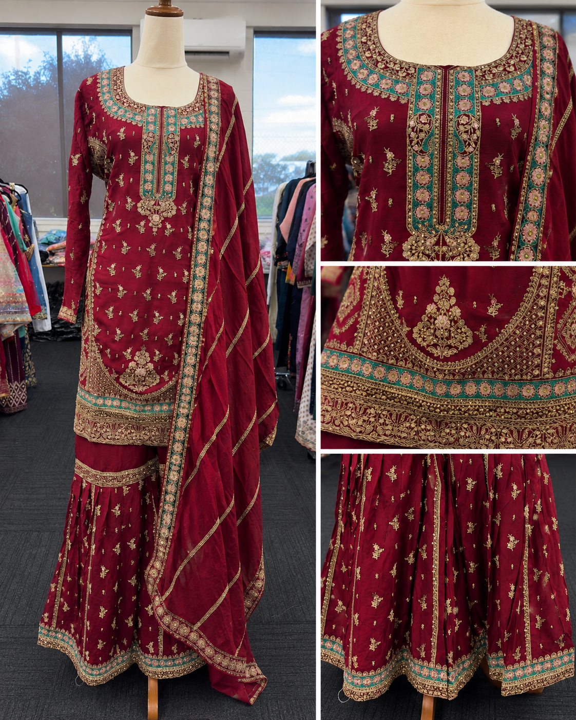 Maroon Royal Embroidered Gharara Suit image 1 Maroon Royal Embroidered Gharara Suit - Punjabi Threads product image 1