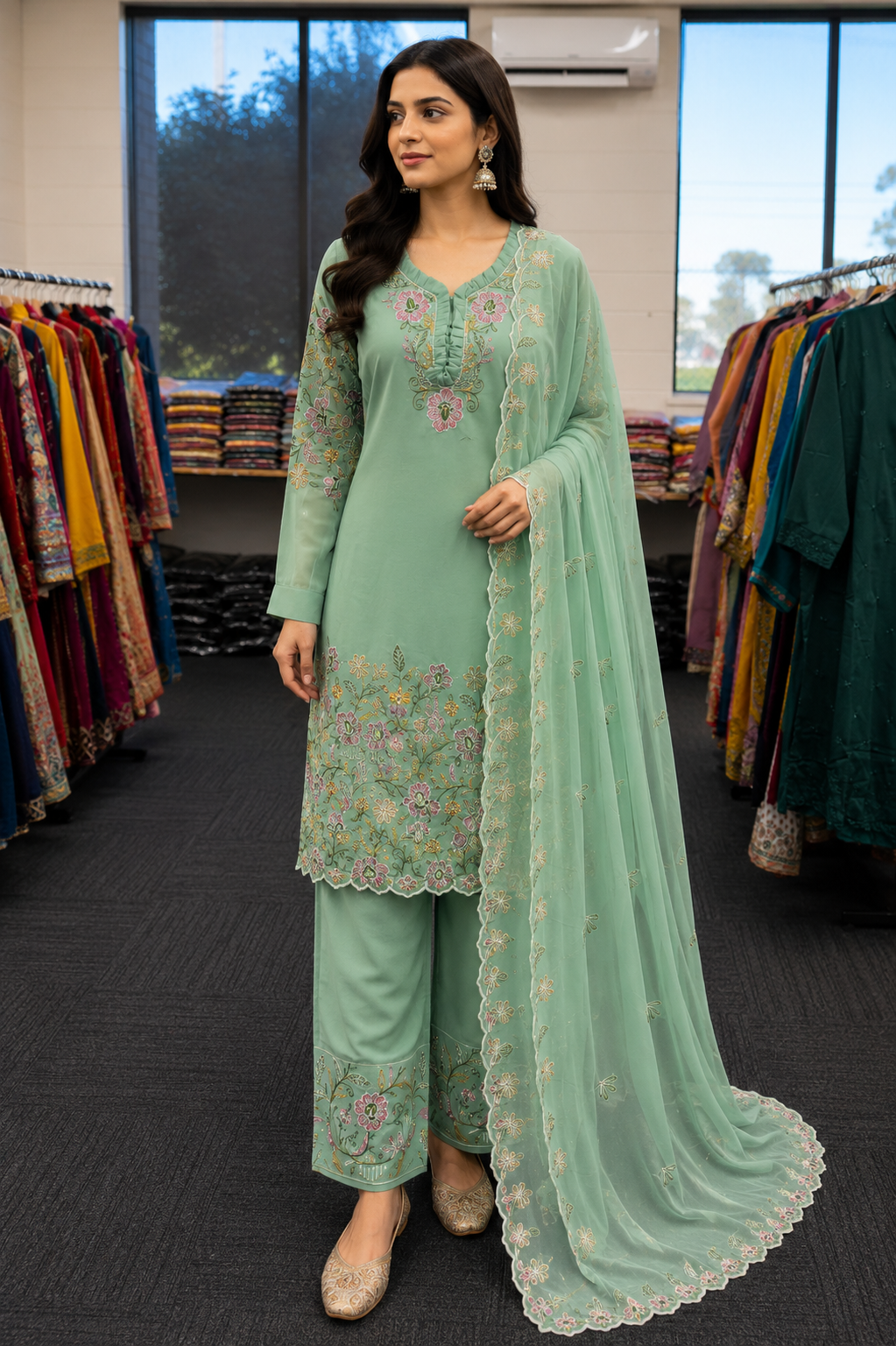Mint Noor Embroidered Georgette Suit image 1 Mint Noor Embroidered Georgette Suit - Punjabi Threads product image 1