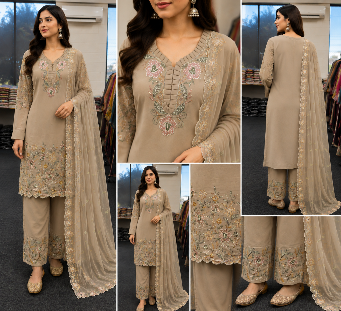 Noor Beige Embroidered Georgette Suit image 1 Noor Beige Embroidered Georgette Suit - Punjabi Threads product image 1