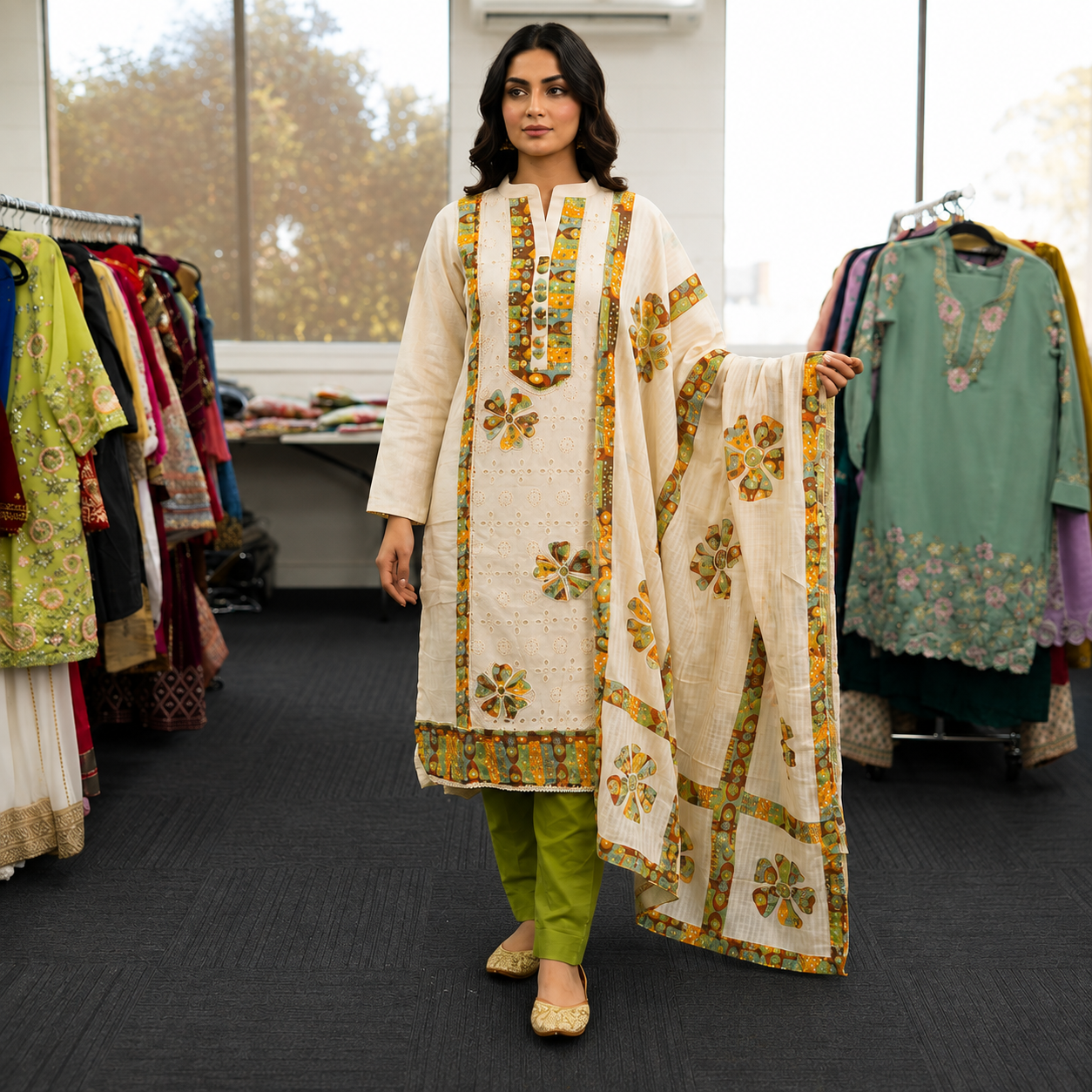 Olive Bloom Cotton Suit Set image 1 Olive Bloom Cotton Suit Set - Punjabi Threads product image 1