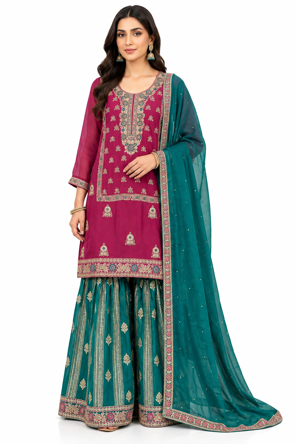 Magenta Teal Sharara Suit image 1 Magenta Teal Sharara Suit - Punjabi Threads product image 1