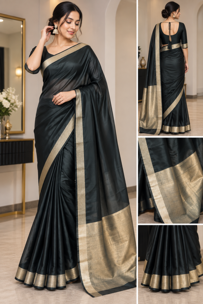 Midnight Elegance Black Gold Saree - Punjabi Threads product image 2