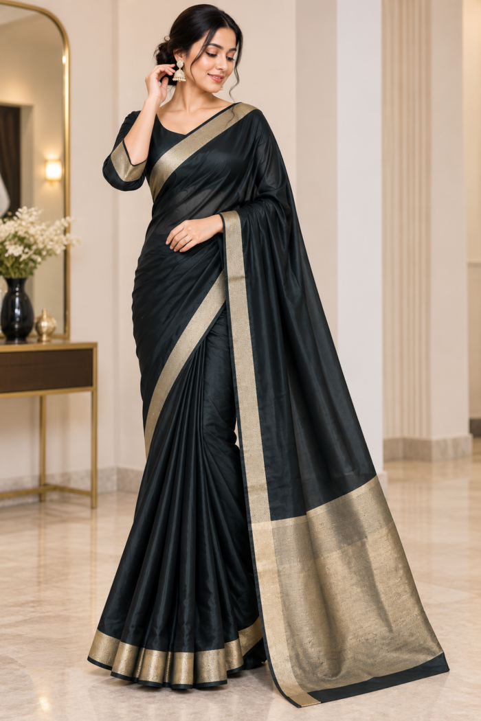 Midnight Elegance Black Gold Saree - Punjabi Threads product image 3