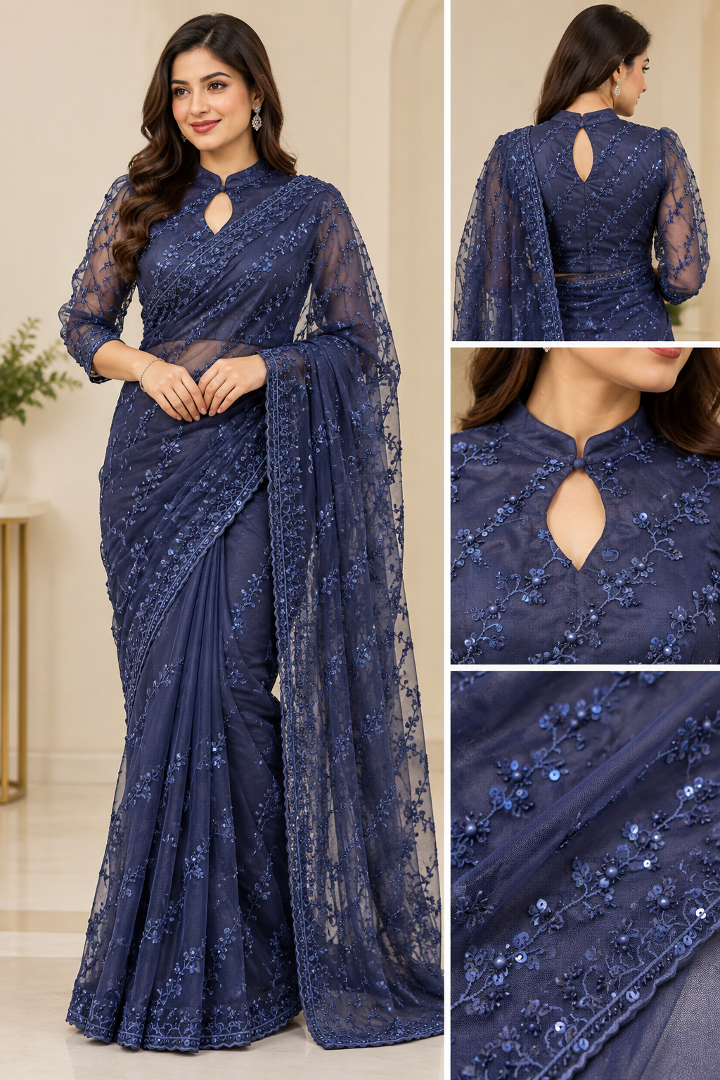 Midnight Navy Sequin Embroidered Designer Saree image 1 Midnight Navy Sequin Embroidered Designer Saree - Punjabi Threads product image 1