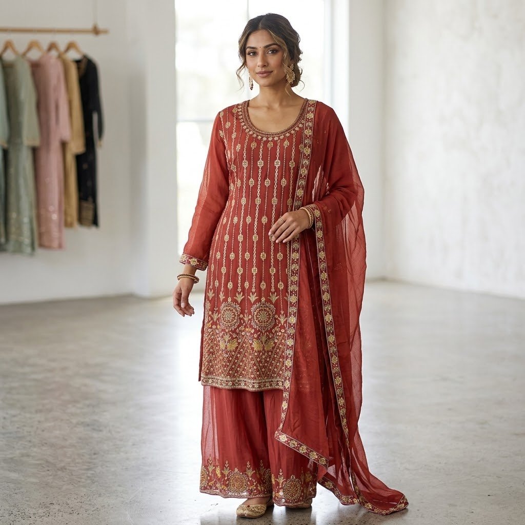 Royal Rust Embroidered Palazzo Suit image 1 Royal Rust Embroidered Palazzo Suit - Punjabi Threads product image 1