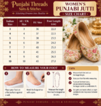 Women's Punjabi Jutti Size Chart by Punjabi Threads – Suits & Stitches. Elegant maroon and gold size guide featuring embroidered Punjabi juttis, Indian sizes 3–10, AU/UK and EU size conversions, foot lengths in centimetres, and instructions for measuring feet to find the perfect fit.