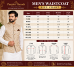 Men's waistcoat size chart XS to 5XL by Punjabi Threads Australia, showing chest, waist, shoulder and length measurements in inches.