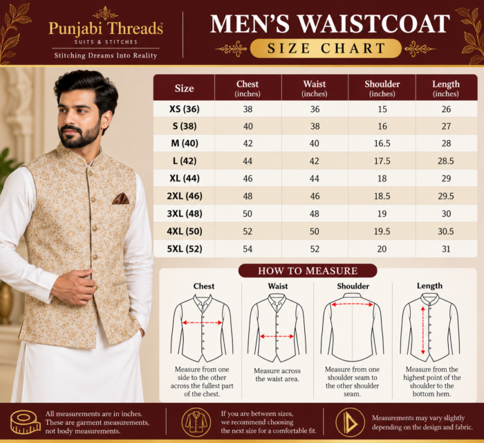Men's waistcoat size chart XS to 5XL by Punjabi Threads Australia, showing chest, waist, shoulder and length measurements in inches.